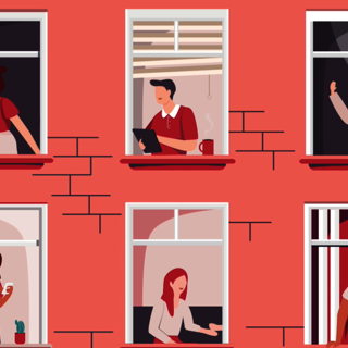 Illustratie van een woongebouw met 6 ramen waarachter mensen zitten