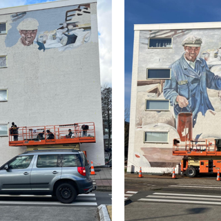 Muurschildering Kolfstraat (links schilders aan het werk, rechts muurschildering bijna klaar)
